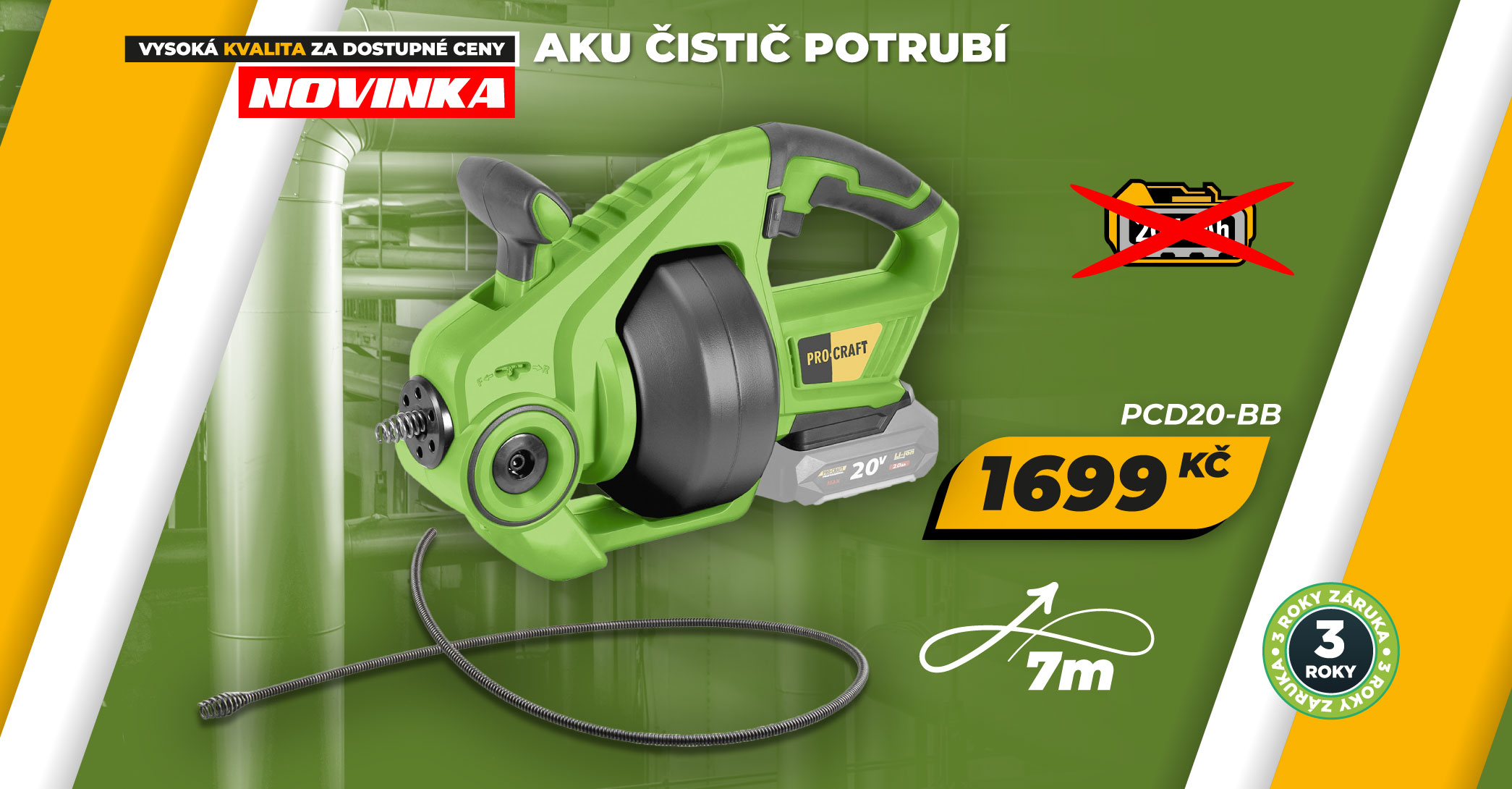 Aku čistič potrubí Procraft PCD20bb (bez baterie a nabíječky)